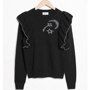 & Other Stories Black Sweater with Ruffle and Cellestial Design